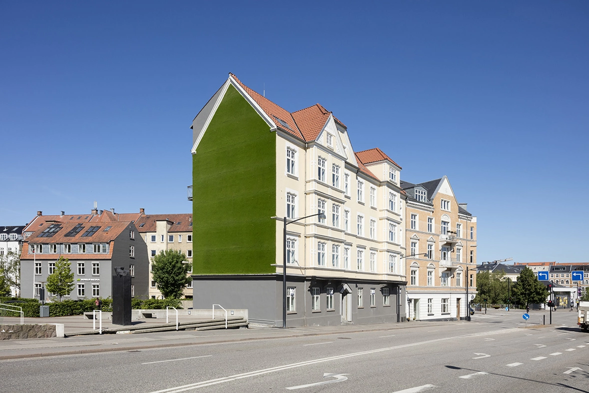 green grass on buildings side in aarhus